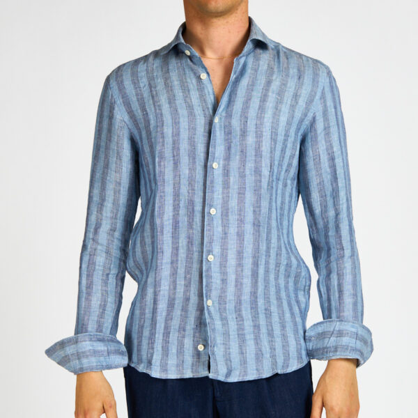 camicia lino rigata blu denim Bastoncino