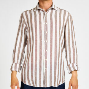 camicia lino riga marrone bastoncino