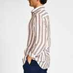 camicia lino riga marrone bastoncino