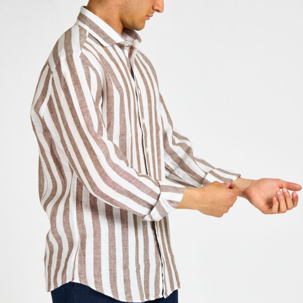 camicia lino riga marrone bastoncino