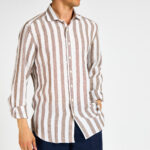 camicia lino riga marrone bastoncino