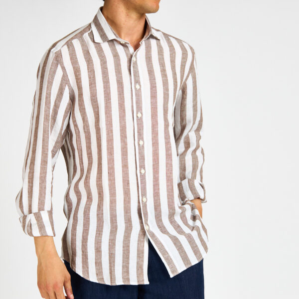 camicia lino riga marrone bastoncino